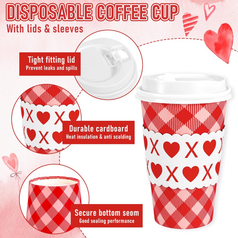 Whaline 50 Pcs Valentine's Day Disposable Coffee Cups with Lids and Sleeves 16 Oz Red Pink Plaid Heart To Go Paper Cups for Wedding Anniversary Baby Shower Birthday Party Supplies - Image 3