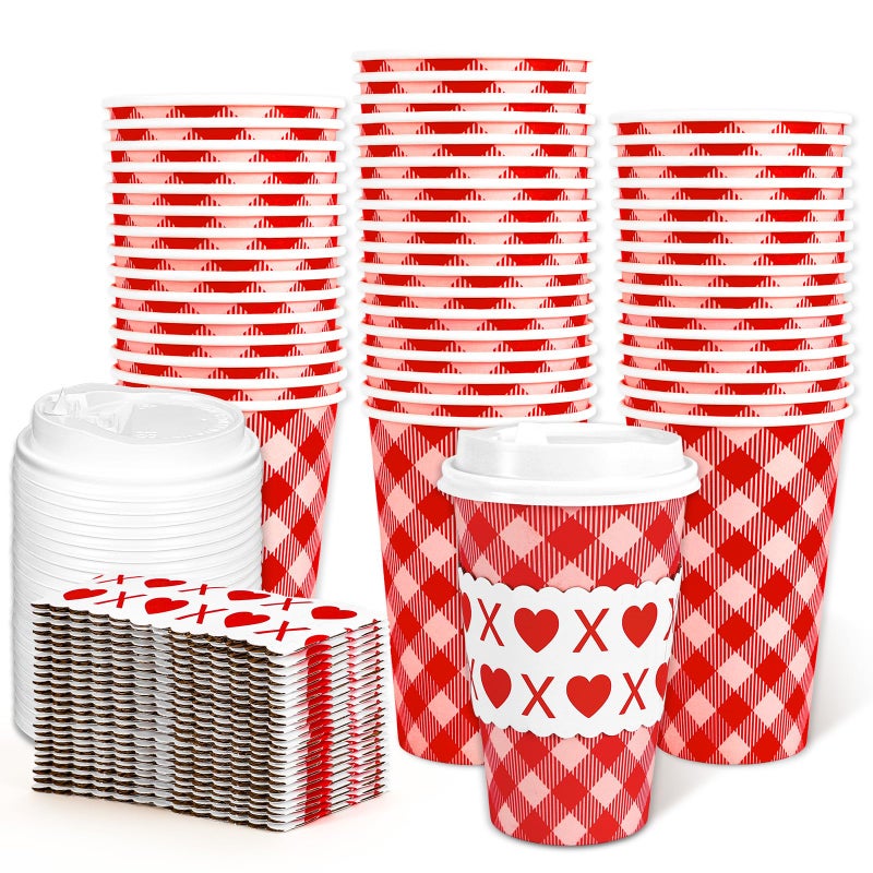 Whaline 50 Pcs Valentine's Day Disposable Coffee Cups with Lids and Sleeves 16 Oz Red Pink Plaid Heart To Go Paper Cups for Wedding Anniversary Baby Shower Birthday Party Supplies - Image 1