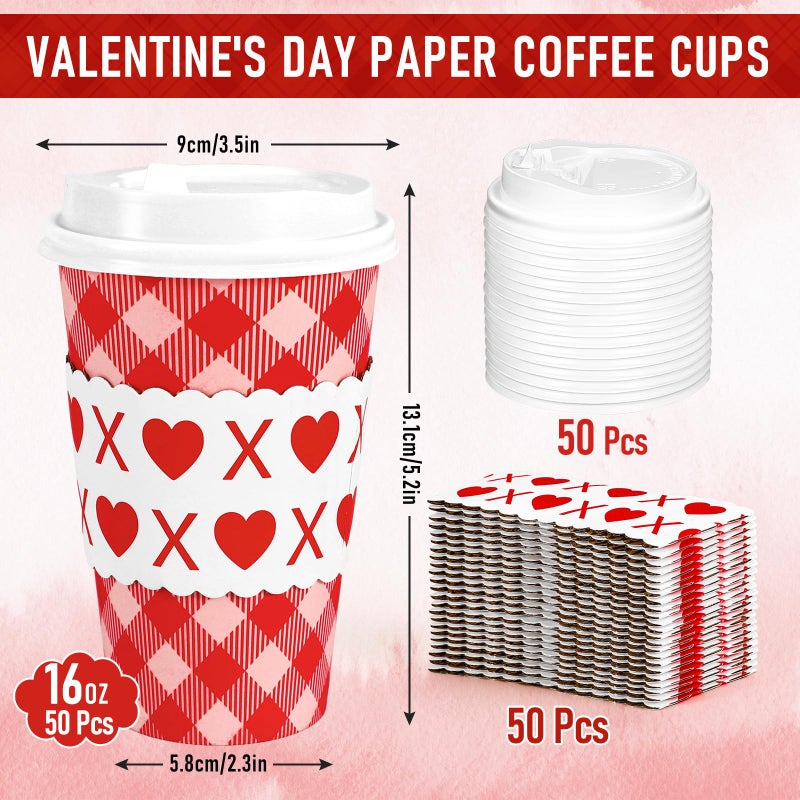 Whaline 50 Pcs Valentine's Day Disposable Coffee Cups with Lids and Sleeves 16 Oz Red Pink Plaid Heart To Go Paper Cups for Wedding Anniversary Baby Shower Birthday Party Supplies - Image 2