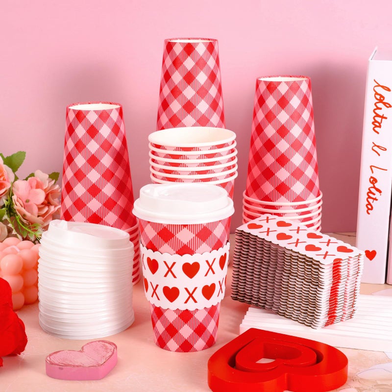 Whaline 50 Pcs Valentine's Day Disposable Coffee Cups with Lids and Sleeves 16 Oz Red Pink Plaid Heart To Go Paper Cups for Wedding Anniversary Baby Shower Birthday Party Supplies - Image 4