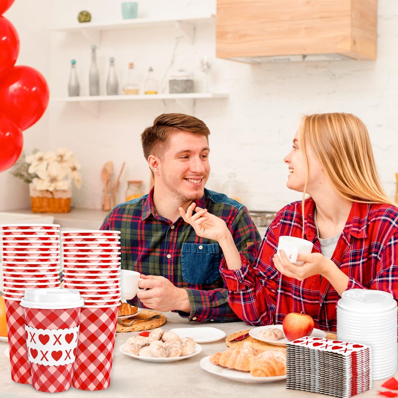 Whaline 50 Pcs Valentine's Day Disposable Coffee Cups with Lids and Sleeves 16 Oz Red Pink Plaid Heart To Go Paper Cups for Wedding Anniversary Baby Shower Birthday Party Supplies - Image 5