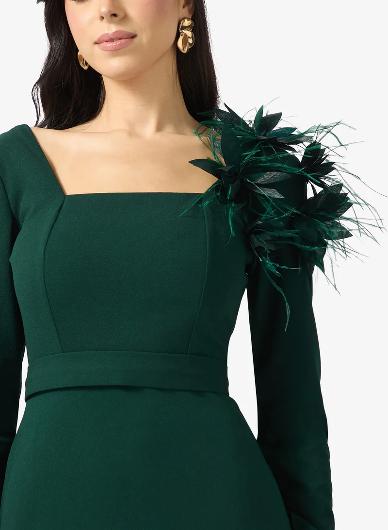 Namshi x  Assymetric Shoulder Shimmer Dress with 3D Floral for Women | Best Price UAE