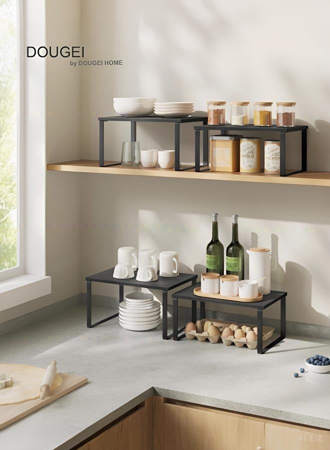 دوغي رف منظم للخزانة، مجموعة من 2 رفوف للمطبخ، تخزين المطبخ، رف توابل، قابل للتركيب والتوسيع، مصنوع من المعدن والخشب الهندسي - Image 2