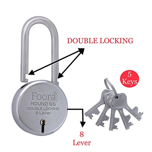 Foora Ultimate 65mm Long Shackle Padlock | Secure Your Home, Door, Gate, Shutter | Premium Double Locking 8 Lever | 5 Silver Keys Included | Made in India - Image 2