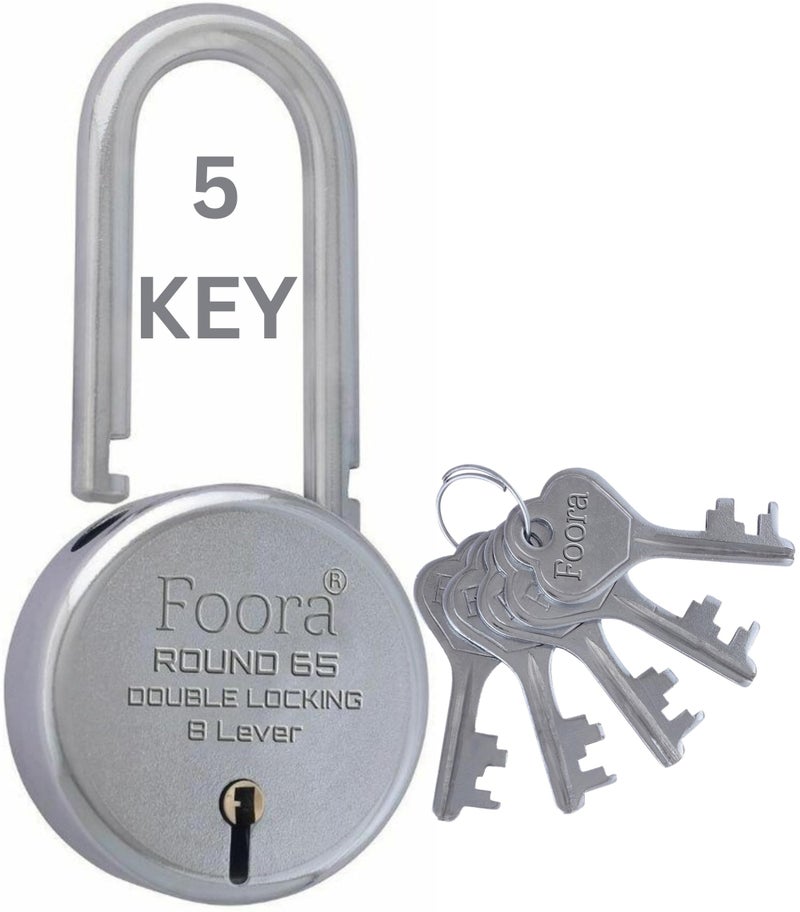 Foora Ultimate 65mm Long Shackle Padlock | Secure Your Home, Door, Gate, Shutter | Premium Double Locking 8 Lever | 5 Silver Keys Included | Made in India - Image 1