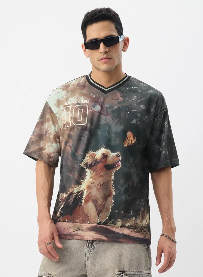 The Souled Store Men Printed V Neck Oversized T-Shirt
