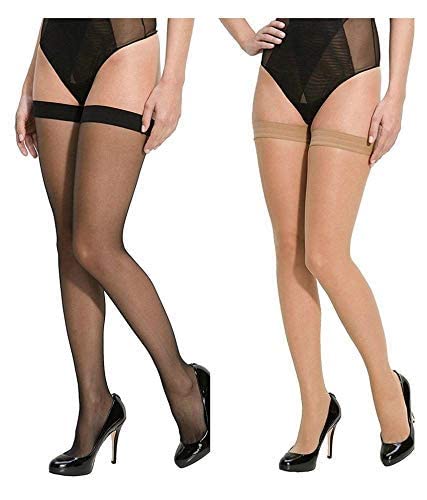 NEOBABY Women's Thigh High Length Stockings Nylon Socks for Girls & Women's (Skin & Black, Pack of 2) - Image 1