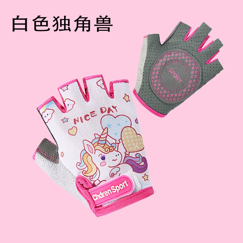 Kids Half-Finger Cycling Gloves Anti-Slip White Unicorn 