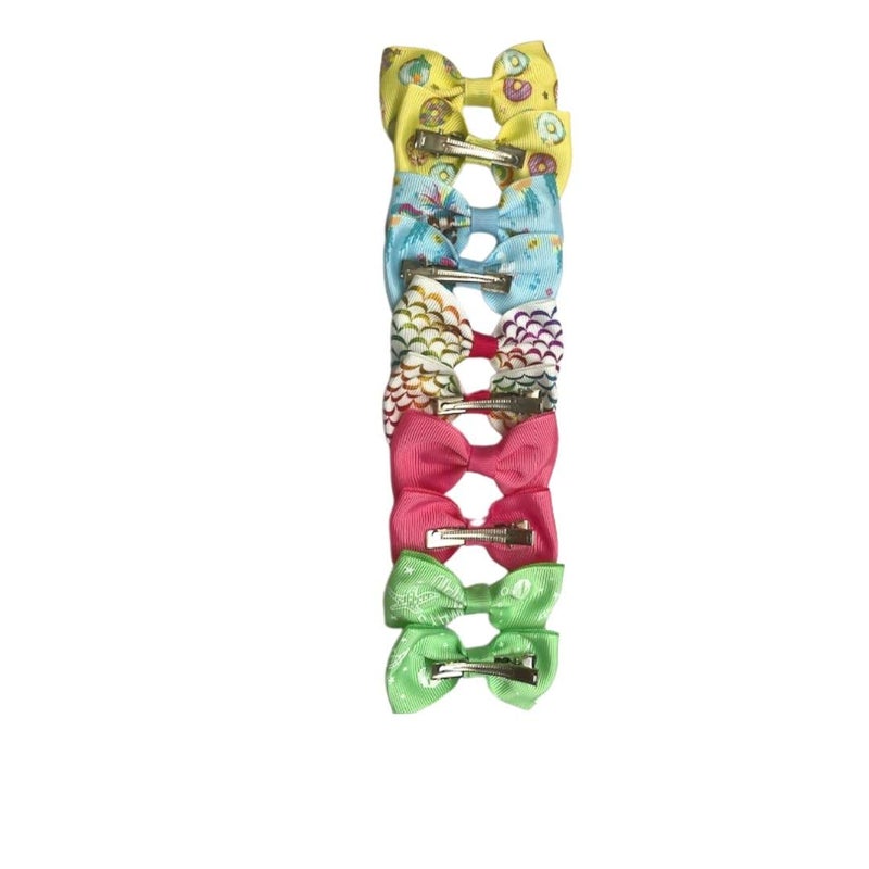 Yellow Donut print,bright green, pink, Blue and white set of bows in a pack of 10 bows. Each style is in Pairs in bright vibrant colors - Image 4