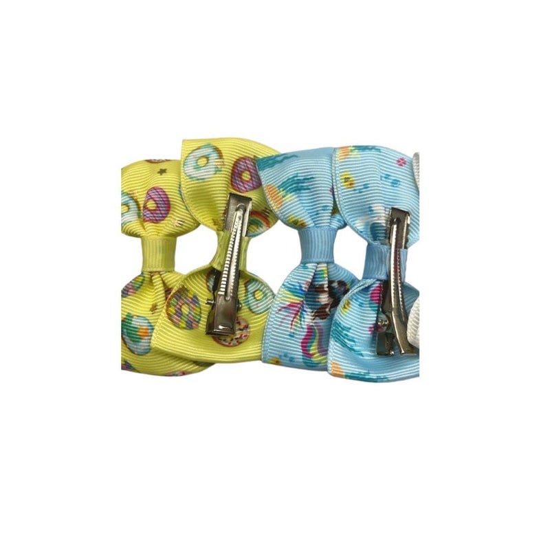 Yellow Donut print,bright green, pink, Blue and white set of bows in a pack of 10 bows. Each style is in Pairs in bright vibrant colors - Image 5