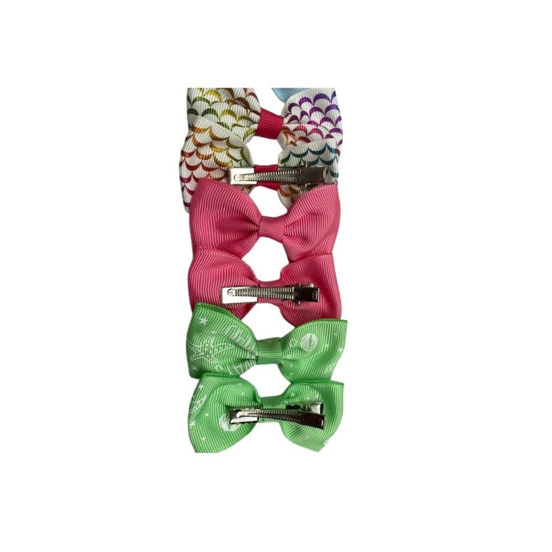 Yellow Donut print,bright green, pink, Blue and white set of bows in a pack of 10 bows. Each style is in Pairs in bright vibrant colors - Image 2