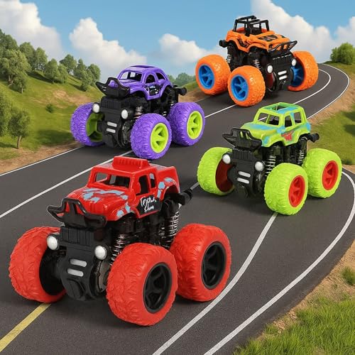 GRAPHENE 4pcs 4WD Monster Truck Toy for Kids Friction Powered 4x4 360° Stunt All-Terrain Spin Action Push & Go Off-Road Vehicles Cars Vibrant Colour for Boy Girl Birthday Gift Christmas Fun Play - Image 1