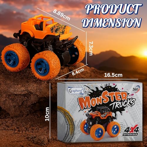 GRAPHENE 4pcs 4WD Monster Truck Toy for Kids Friction Powered 4x4 360° Stunt All-Terrain Spin Action Push & Go Off-Road Vehicles Cars Vibrant Colour for Boy Girl Birthday Gift Christmas Fun Play - Image 4