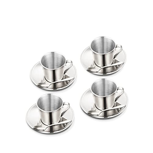 Shri & Sam Stainless Steel 4 Pieces Rise Double Wall Cup And Saucer Set, 200 ML - Image 1