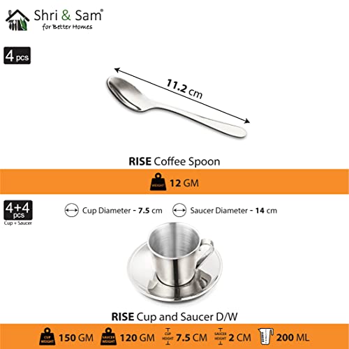 Shri & Sam Stainless Steel 4 Pieces Rise Double Wall Cup And Saucer Set, 200 ML - Image 2
