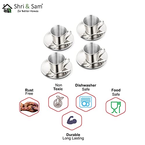 Shri & Sam Stainless Steel 4 Pieces Rise Double Wall Cup And Saucer Set, 200 ML - Image 3