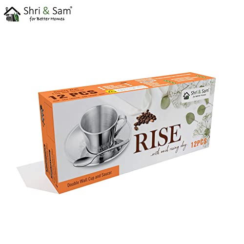 Shri & Sam Stainless Steel 4 Pieces Rise Double Wall Cup And Saucer Set, 200 ML - Image 4