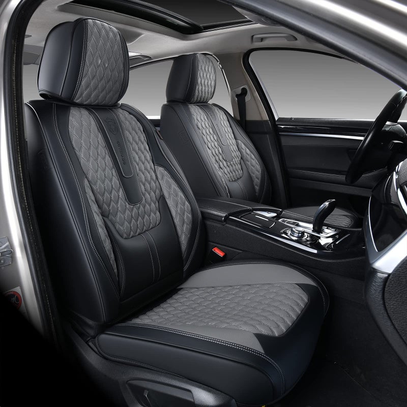 Coverado Leather Seat Covers for Car Waterproof Front Car Seat Covers with Lumbar Support Universal Fit for Most Sedans SUV Pickup TruckBlackGray