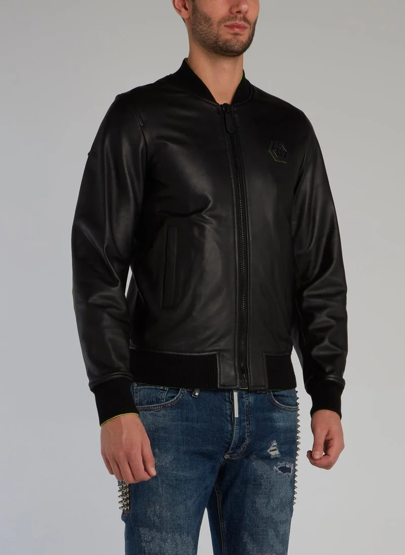 PHILIPP PLEIN Black Sheepskin Leather Bomber Jacket