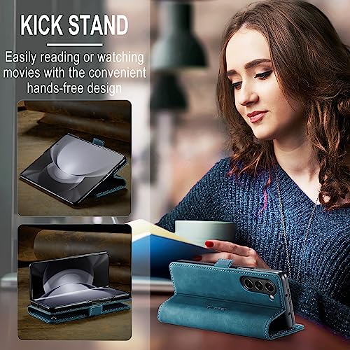 Cracedily for Samsung Galaxy Z Fold5 Case, Flip Wallet Leather Case with Card Holder Magnetic Closure Shockproof Kickstand Protective Phone Cases Cover for Samsung Galaxy Z Fold5,Blue-Green - Image 5