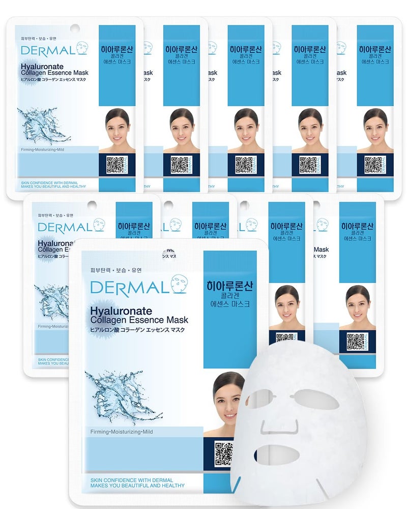 DERMAL Hyaluronate Collagen Essence Facial Mask Sheet 23g Pack of 10  Hydro Boost Moisturizing for Dry Skin Smoothing Fine Lines Wrinkles Daily Skin Treatment Solution Sheet Mask