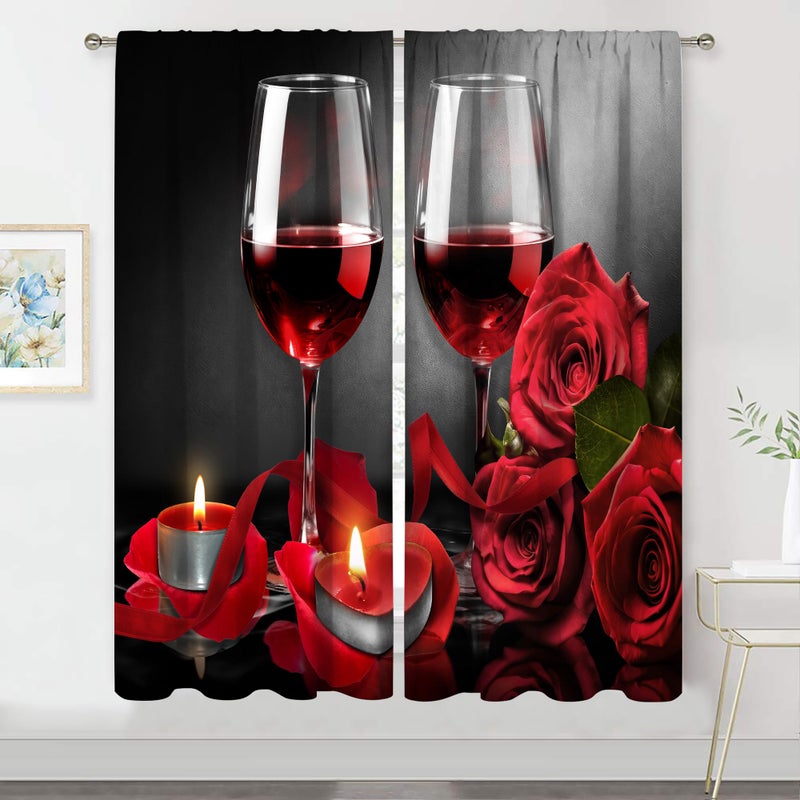 MESHELLY MESHELLY Red Rose and Wine Curtains 42Wx63H Rod Pocket Flower Floral Red Black Bedroom Window Panels Burgundy Romantic Drapes Red Blend Women Blossom Lover Print Living Room Valentine Fabric 2 Panels