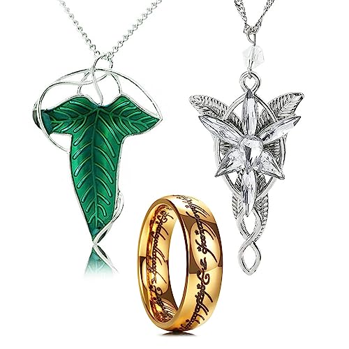 HJYZY 3 pcs L. of The Ring Necklace Engraved Gold Plated Stainless Steel Ring Arvven star Necklace - Image 1