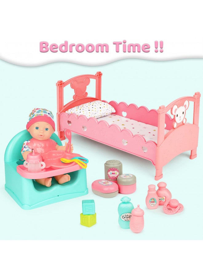 deAO Baby Doll Play Set, 25 PCS Baby Dolls Accessories with Chair Booster Seat High Crib Toy Toilet and Bathtub Pretend Play Toys Gift for Ages 3 4 5 6 7 8 9 Girls Kids - Image 3
