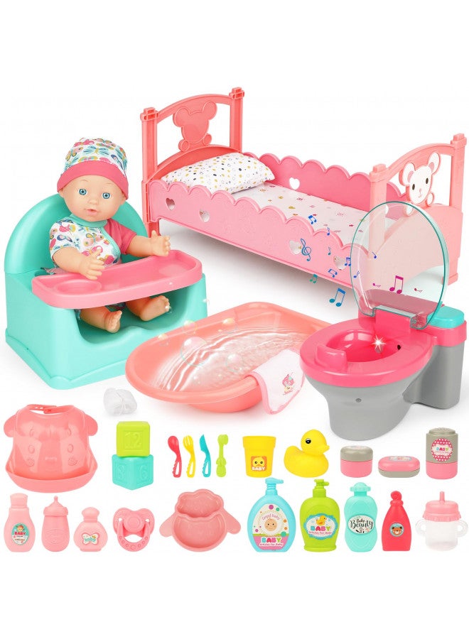 deAO Baby Doll Play Set, 25 PCS Baby Dolls Accessories with Chair Booster Seat High Crib Toy Toilet and Bathtub Pretend Play Toys Gift for Ages 3 4 5 6 7 8 9 Girls Kids - Image 1
