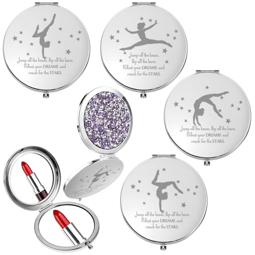 Fumete Gymnastics Gifts for Girls 4 Pack Inspirational Compact Mirror Gymnastics Team Gifts Bulk Rose Gold Magnifying Makeup Mirror for Gymnast Coach Appreciation Dance Competition GiftLight Purple - Image 1