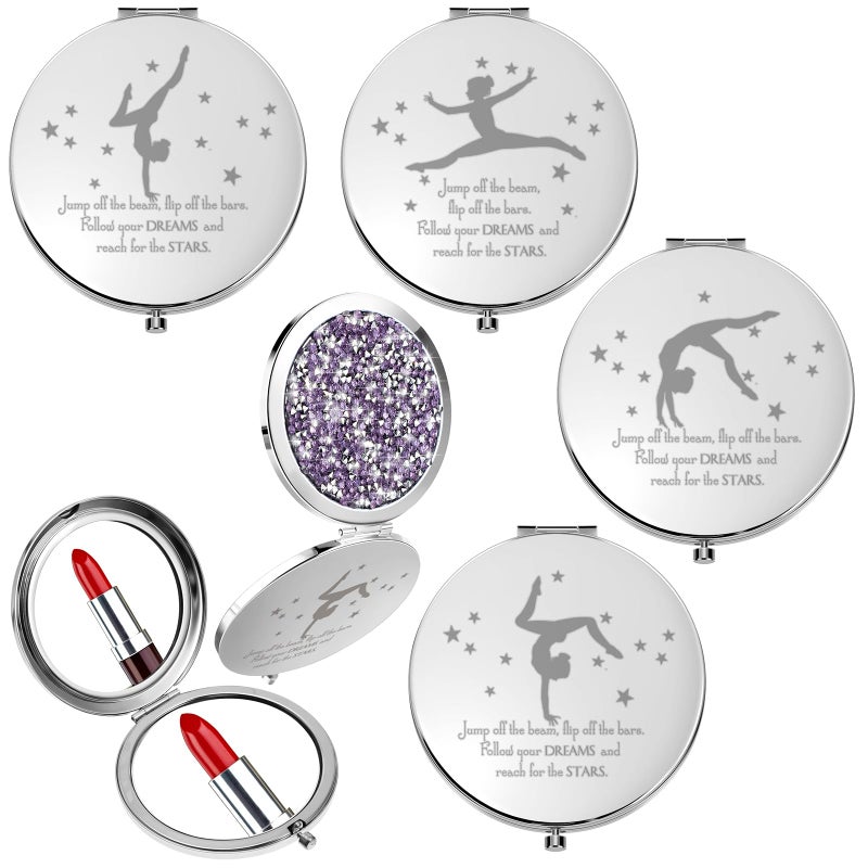 Fumete Gymnastics Gifts for Girls 4 Pack Inspirational Compact Mirror Gymnastics Team Gifts Bulk Rose Gold Magnifying Makeup Mirror for Gymnast Coach Appreciation Dance Competition GiftLight Purple - Image 3