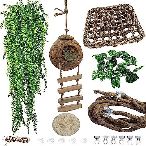 MUYG 5PCS Coconut Hut for Gecko Lizard Coco Den with Ladder and Reptile Hammock Bearded Dragon Tank Accessories Climbing Hanging Plants Jungle Vine Flexible Reptile Leaves Decor - Image 1
