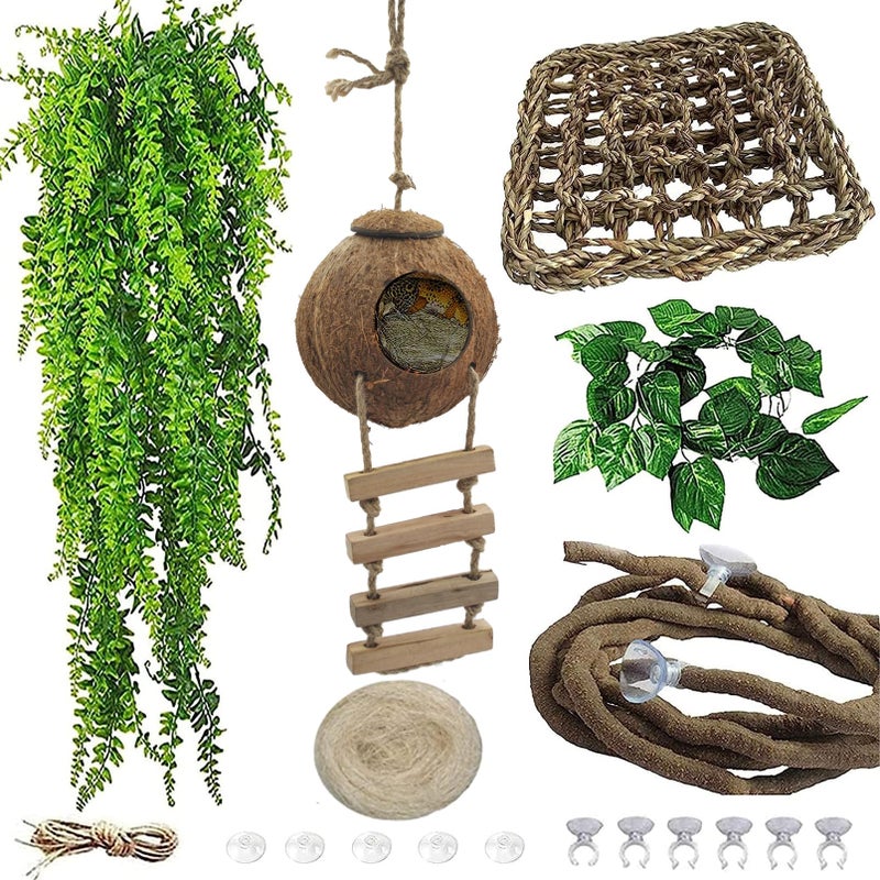 MUYG 5PCS Coconut Hut for Gecko Lizard Coco Den with Ladder and Reptile Hammock Bearded Dragon Tank Accessories Climbing Hanging Plants Jungle Vine Flexible Reptile Leaves Decor - Image 2