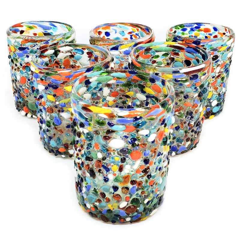 MexHandcraft Confetti Rocks 10 oz Tumbler Glasses set of 6 Mexican Handmade Multicolor Glassware Recycled Glass Lead  Toxin Free Tumbler
