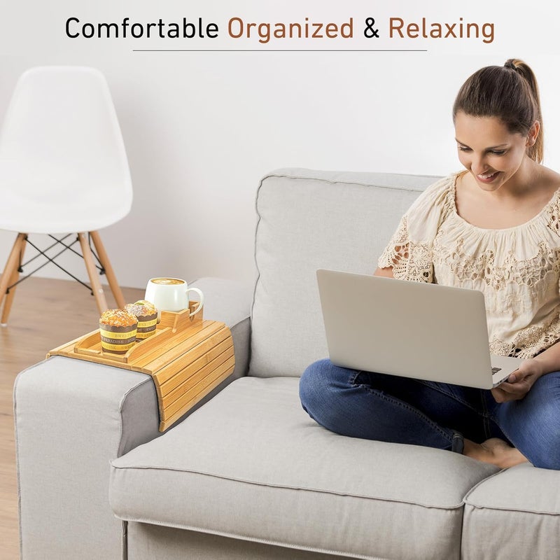 Yoshiky Bamboo Couch Armrest Table, Couch Arm Tray with Removable Couch Cup Holder, 2 in 1 Design Foldable Anti-Slip Bamboo Couch Tray and Sofa Cup Holder for Cup - Image 4