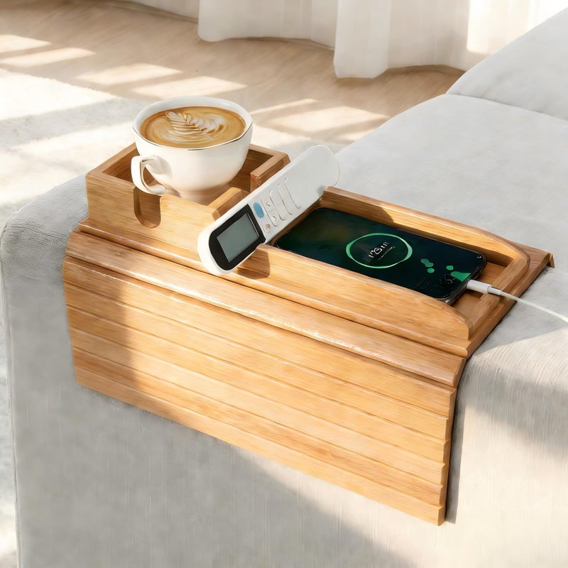 Yoshiky Bamboo Couch Armrest Table, Couch Arm Tray with Removable Couch Cup Holder, 2 in 1 Design Foldable Anti-Slip Bamboo Couch Tray and Sofa Cup Holder for Cup - Image 1