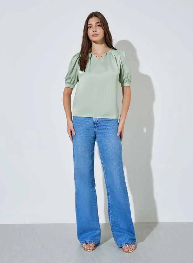 ستايلي Green Pearl Chain Embellishment Casual Blouse
