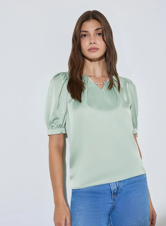 ستايلي Green Pearl Chain Embellishment Casual Blouse