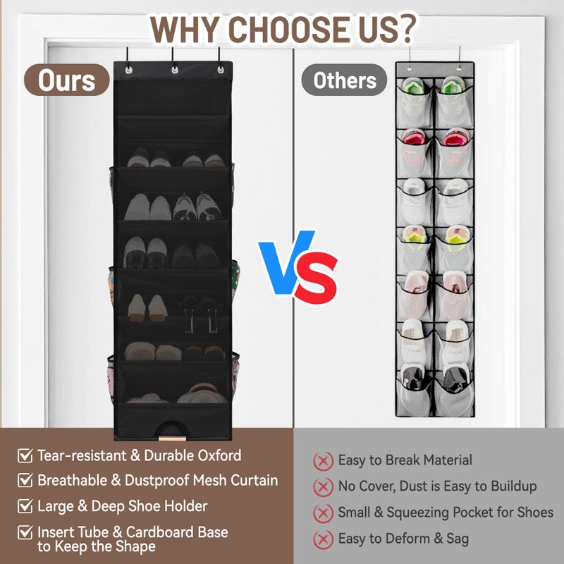 Outink 7 Tier Over The Door Shoe Organizer, Hanging Shoe Rack for Closet with Dustproof Mesh Curtain & 6 Side Pockets, Behind The Door Narrow Shoe Holder Hanger for Sneakers, Boots (Black) - Image 5
