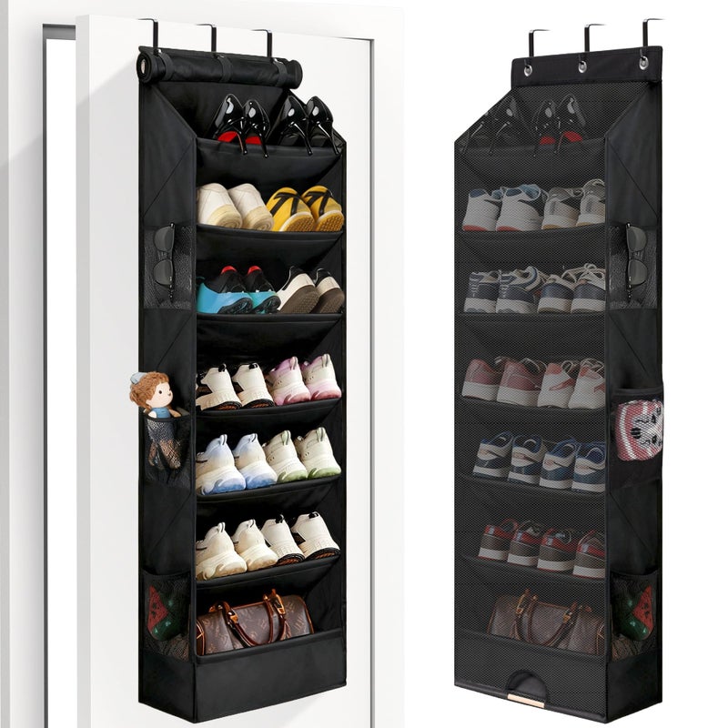 Outink 7 Tier Over The Door Shoe Organizer, Hanging Shoe Rack for Closet with Dustproof Mesh Curtain & 6 Side Pockets, Behind The Door Narrow Shoe Holder Hanger for Sneakers, Boots (Black) - Image 1