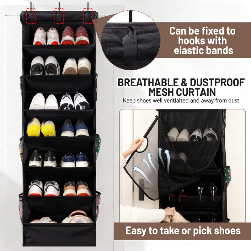 Outink 7 Tier Over The Door Shoe Organizer, Hanging Shoe Rack for Closet with Dustproof Mesh Curtain & 6 Side Pockets, Behind The Door Narrow Shoe Holder Hanger for Sneakers, Boots (Black) - Image 4
