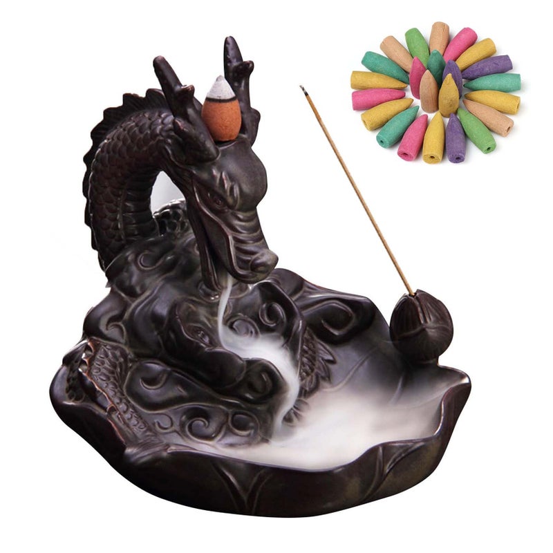 XUDREZ Dragon Backflow Incense Burner Holder With 20PCs Backflow Incense Cones in Exquisite Present Box