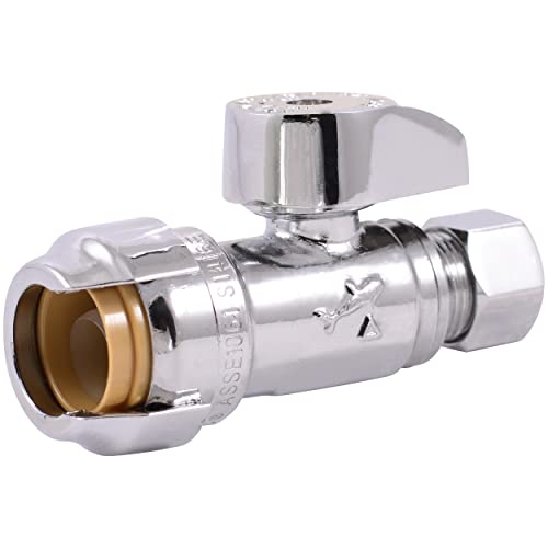 SharkBite 1/2 x 3/8 Inch Compression Straight Stop Valve, Quarter Turn, Push to Connect Brass Plumbing Fitting, PEX Pipe, Copper, CPVC, PE-RT, HDPE, 23037-0000LF - Image 1