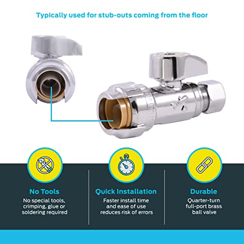 SharkBite 1/2 x 3/8 Inch Compression Straight Stop Valve, Quarter Turn, Push to Connect Brass Plumbing Fitting, PEX Pipe, Copper, CPVC, PE-RT, HDPE, 23037-0000LF - Image 3