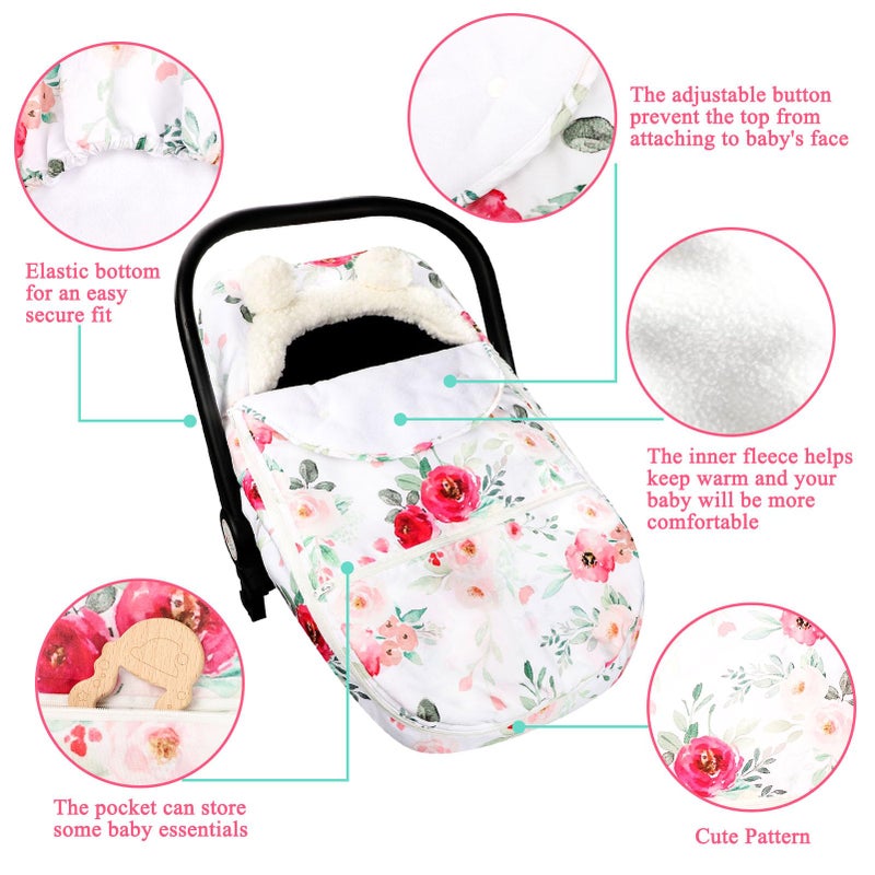 TANOFAR Car Seat Covers for Babies Winter, Flower Carseat Cover Girls, Zipped Cozy & Warm Cover, Universal, Ultra-Soft Breathable, Removable Design Infant Car Seat Canopy - Image 2