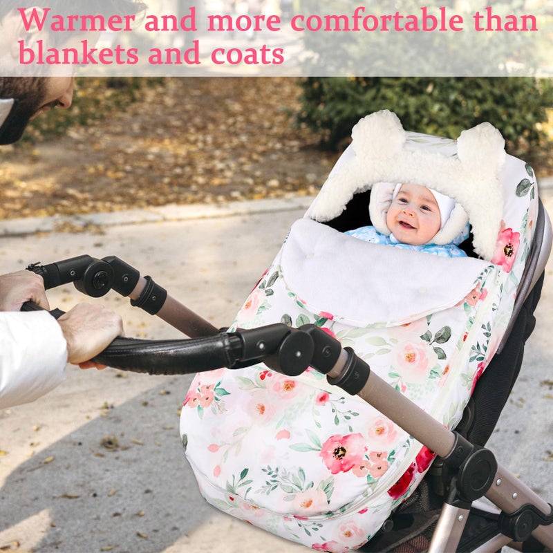 TANOFAR Car Seat Covers for Babies Winter, Flower Carseat Cover Girls, Zipped Cozy & Warm Cover, Universal, Ultra-Soft Breathable, Removable Design Infant Car Seat Canopy - Image 3