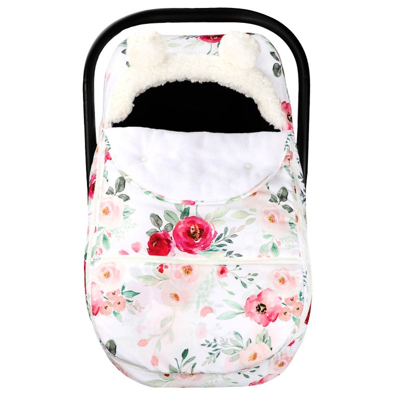 TANOFAR Car Seat Covers for Babies Winter, Flower Carseat Cover Girls, Zipped Cozy & Warm Cover, Universal, Ultra-Soft Breathable, Removable Design Infant Car Seat Canopy - Image 1