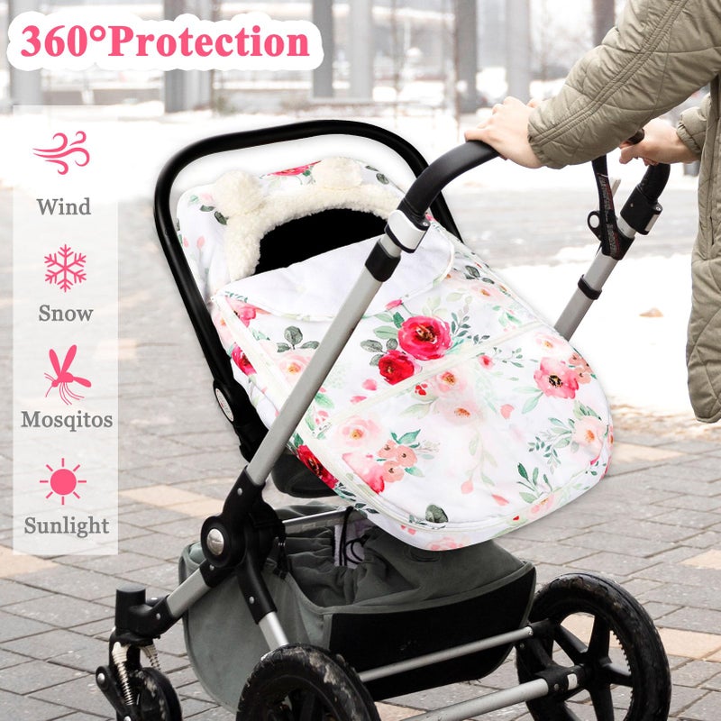 TANOFAR Car Seat Covers for Babies Winter, Flower Carseat Cover Girls, Zipped Cozy & Warm Cover, Universal, Ultra-Soft Breathable, Removable Design Infant Car Seat Canopy - Image 4