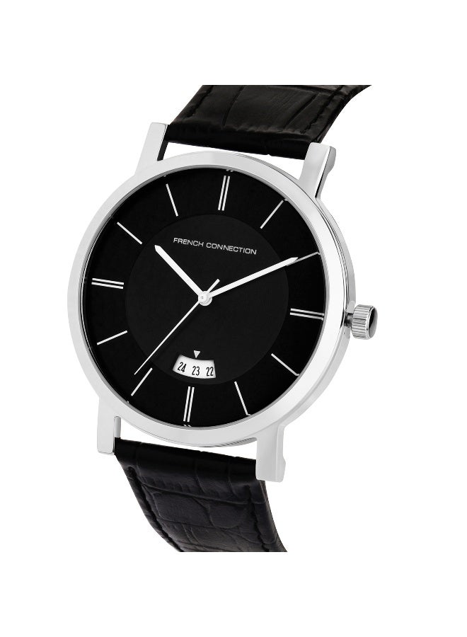 French Connection Men's Silver Dial Black Leather Strap Analog Watch 34mm - Image 2