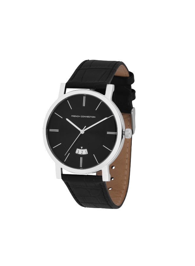 French Connection Men's Silver Dial Black Leather Strap Analog Watch 34mm - Image 5